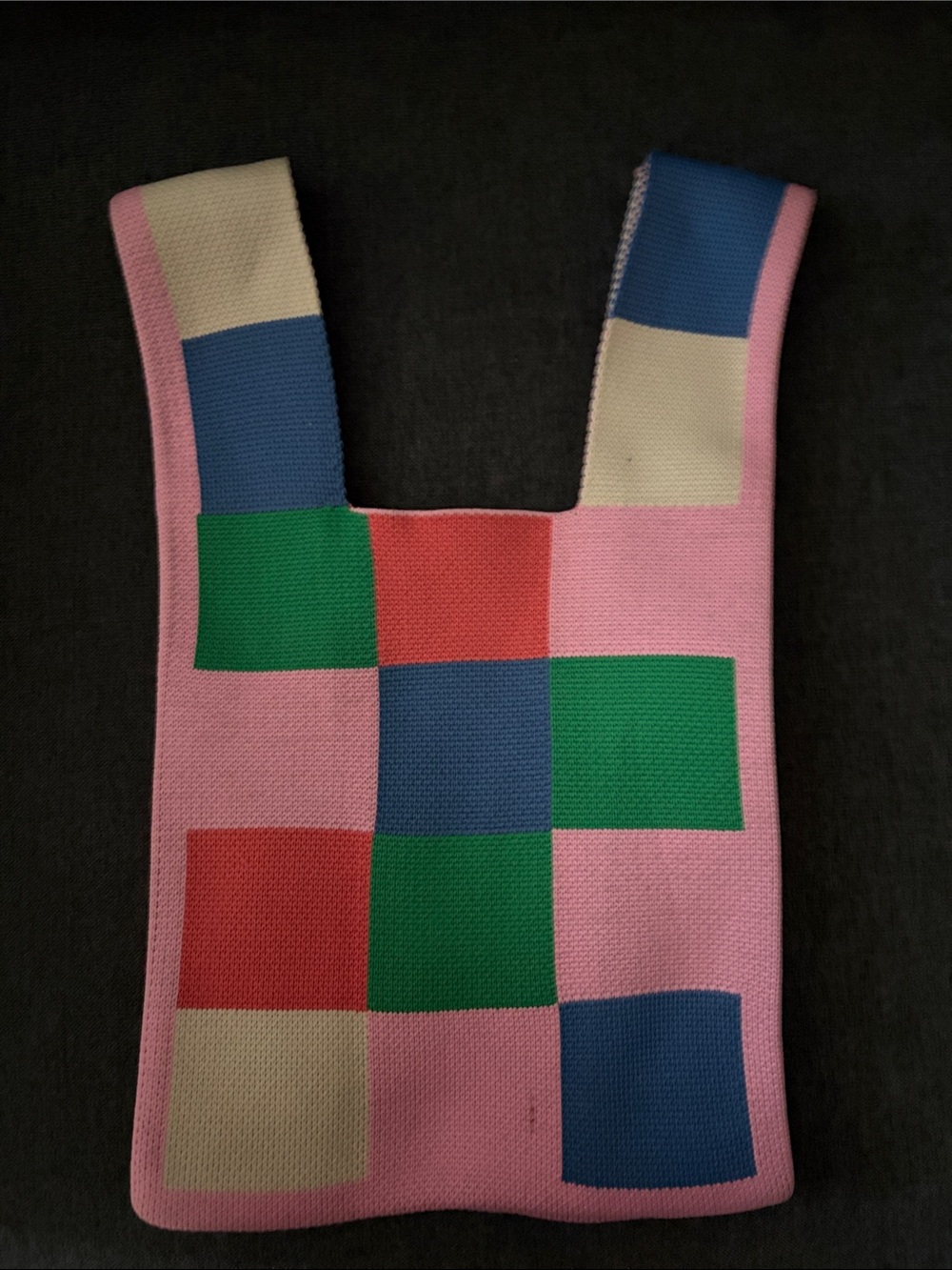 Colorblock Knit Pink Tote with Blue, Green & Red Squares